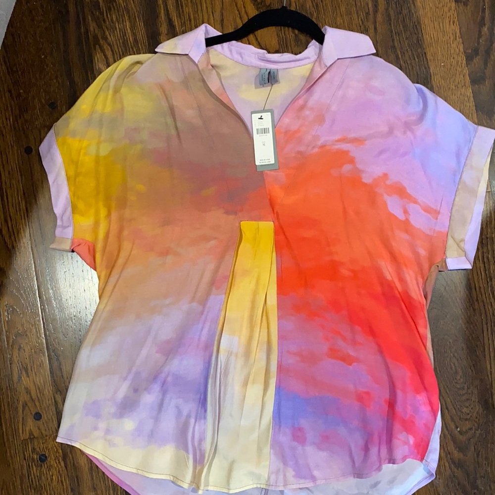 Anthropologie Blnk London Multicolor Tie-Dye Blouse Satin Collar Tunic